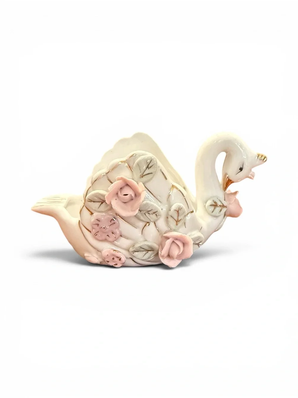 Vintage Porcelain Swan Planter Trinket Dish Pink Roses Gold Accent Cottagecore - Picture 2 of 5